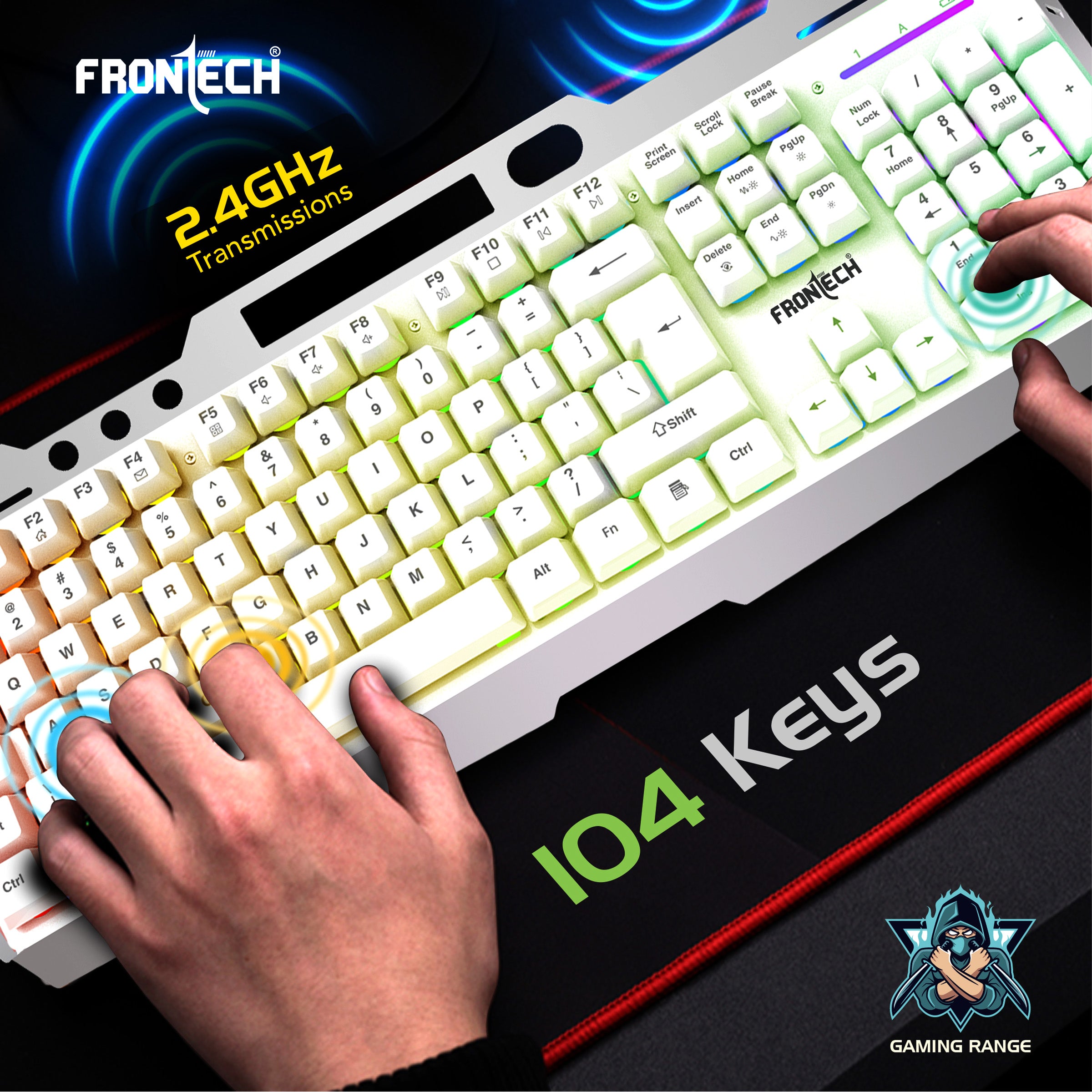 Frontech Wireless Gaming Keyboard & Mouse Combo | Rainbow Backlit | 2.4GHz | 4800 DPI | Rechargeable | Type-C | 104 keys | Windows/Mac/Android/iOS Compatible (KB-0025W) Frontech Wireless Gaming Keyboard & Mouse Combo | Rainbow Backlit | 2.4GHz | 4800 DPI | Rechargeable | Type-C | 104 keys | Windows/Mac/Android/iOS Compatible (KB-0025W)